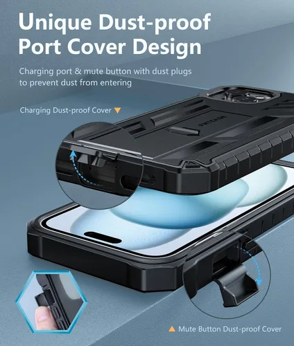 Vista 5 de FNTCASE Funda para iPhone 15 Plus: protección contra caídas Funda resistente con clip para cinturón y soporte de grado militar con textura mate TPU