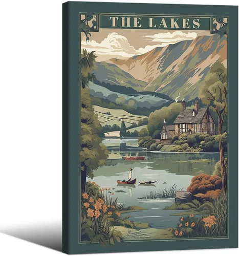 Vista 20 de Póster de paisaje campestre y lago, arte de pared de paisaje de naturaleza otoñal, 08 x 10 pulgadas, marco negro, pintura al óleo vintage de otoño
