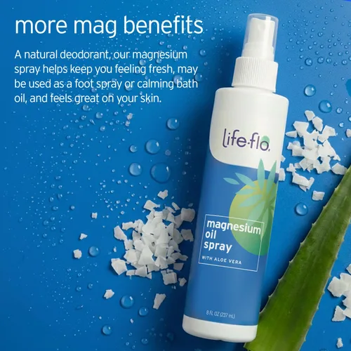 Vista 3 de LIFE-FLO Spray de aceite de magnesio con aloe vera orgánico, cloruro de magnesio en aerosol del fondo marino de Zechstein, calma y relaja músculos