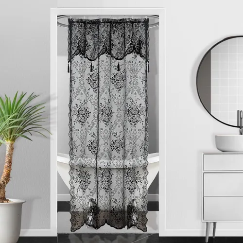 Vista 2 de Warm Home Designs Cortina de ducha negra con cenefa. LA Black 36 Negro