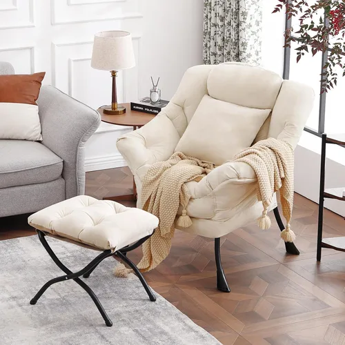 Vista 11 de Silla Lazy con otomana, cómoda silla de lectura para dormitorio Melocotón Beige-1