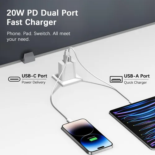 Vista 2 de Bloque de Cargador USB C Carga Rápida Adaptador Multipuerto iPhone 17 Bloque de Cargador 20W USB-C y Puerto USB-A para iPhone