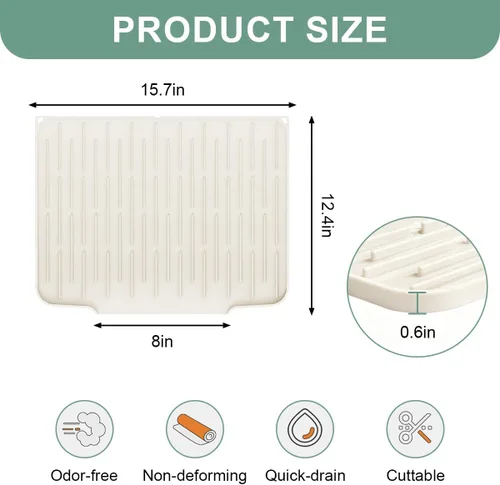 Vista 2 de Alfombrilla de secado de platos de silicona para encimera de cocina con bandeja de recolección de agua Almohadilla antideslizante (beige)