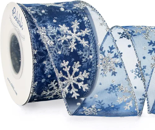Vista 12 de Ribbli Cinta con alambre de purpurina de copo de nieve, organza dorada transparente con patrón de copo de nieve con purpurina dorada y borde
