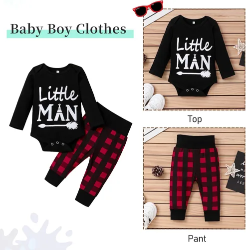 Vista 2 de TUEMOS Conjunto de ropa para bebé recién nacido, con estampado de letras, mameluco, pantalones, sombrero, conjunto de 3 piezas