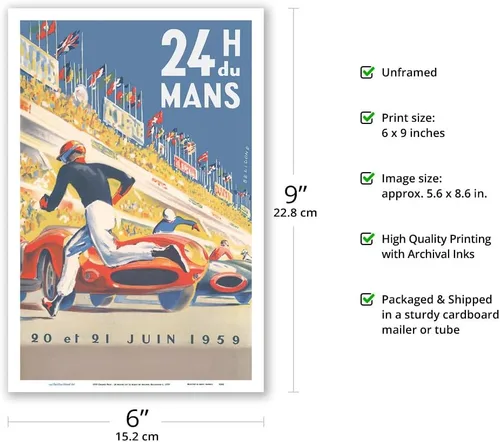 Vista 2 de 1959 Grand Prix - 24 horas de Le Mans Francia - Carreras de resistencia - Póster de carreras de coches vintage por Michel Bélignod c.1959