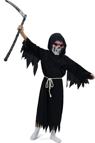 Vista 3 de Grim Reaper Halloween Costume for Kids Scream Costume with Light Up Red Eyes