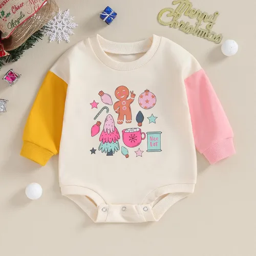 Vista 9 de Lamuusaa Traje de Navidad para bebé recién nacida, manga larga, bloque de color, sudadera de gran tamaño, ropa de otoño