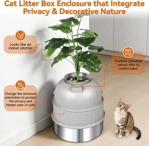 Vista 5 de Caja de arena oculta para gatos con planta artificial, muebles de acero inoxidable, maceta redonda decorativa incluye cuchara, guijarros, filtro