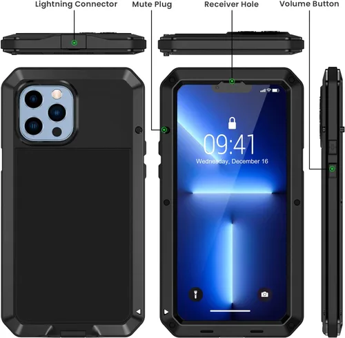 Vista 5 de Lanhiem Funda metálica para iPhone 13 Pro, resistente a los golpes, con protector de pantalla de vidrio integrado, funda protectora de cuerpo Negro