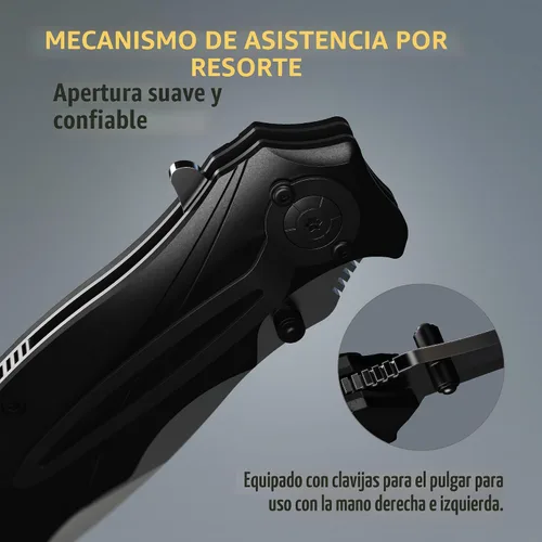 Vista 4 de Navaja táctica Grand Way para hombres - Navaja de bolsillo negra - Mejor navaja asistida por resorte con rompevidrios y clip de bolsillo - Navajas