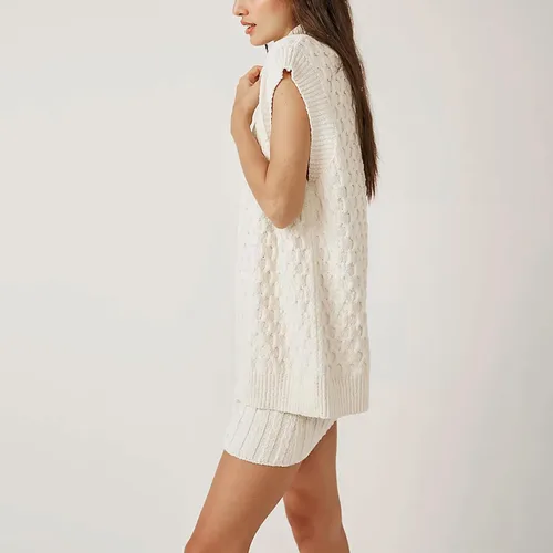 Vista 3 de NUFIWI Conjunto de dos piezas de punto para mujer, sin mangas, cuello alto, sin botones, ajustado, minifalda, conjunto a juego