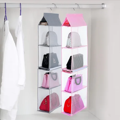 Vista 7 de KEEPJOY Organizador de bolso para armario, organizador de bolso colgante con 4 estantes de malla de alta resistencia (rosa)