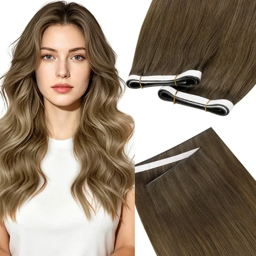 Vista 36 de LaaVoo - Extensiones de cabello humano con cinta adhesiva, color marrón a rubio ceniza, extensiones de cabello humano real, cintas en extensiones