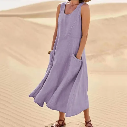 Vista 2 de Ceboyel Vestidos de verano sueltos de lino y algodón para mujer, cuello redondo, largo, vestido sin mangas, estilo bohemio