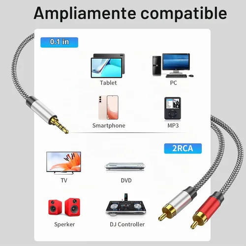 Vista 2 de Cable de audio de 3.5 mm a 2 RCA, adaptador auxiliar, cable divisor estéreo AUX, cable RCA en Y para smartphone, altavoces, tableta, televisión HD
