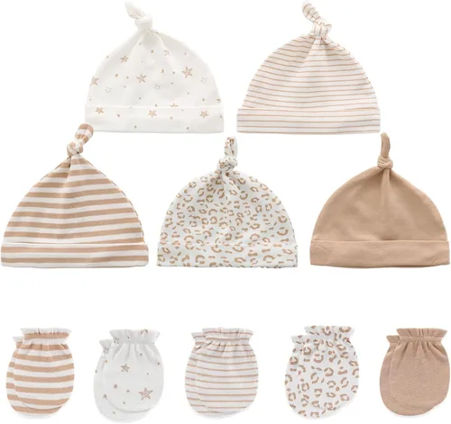 Vista 16 de MAMIMAKA Conjunto de gorro y manoplas para bebé recién nacido, gorras para bebés, niños y niñas de 0 a 6 meses, 100% algodón Oso/Marrón/Beige Hpgm34