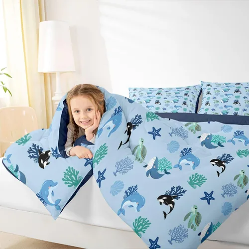 Vista 2 de Erosebridal Blue Ocean - Juego de edredón tamaño individual Juego de ropa de cama de ballena delfín y tortuga marina para niños y niñas, juego