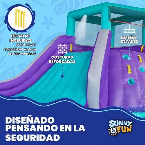 Vista 4 de Sunny & Fun - Parque inflable de cuatro esquinas, resistente para diversión al aire libre, pared de escalada, tobogán y piscina profunda, fácil