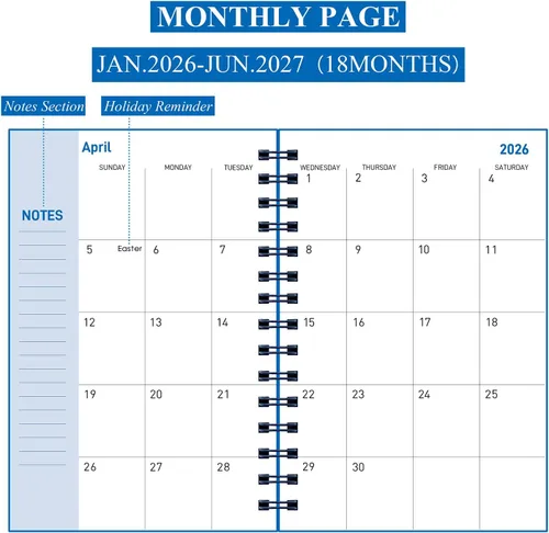 Vista 3 de Agenda diaria 2026-2027, agenda semanal y mensual 2026-2027, año académico, planificador calendario enero 2026-junio 2027, 8.2 x 5.5 pulgadas, 18