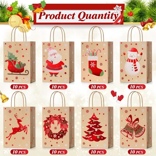 Vista 2 de Yeaqee 80 piezas - bolsas de regalo de Navidad - tamaño pequeño - Merry Christmas Xmas - bolsas de regalo de Navidad con asas - bolsas de papel