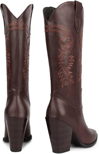 Vista 3 de ISNOM Botas vaqueras para mujer, botas occidentales bordadas con punta puntiaguda y tacón grueso
