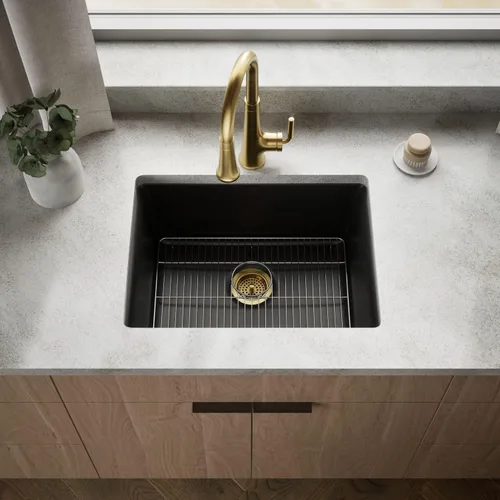 Vista 2 de KOHLER 28003-1-CM1 Kennon® - Fregadero de cocina de 25 pulgadas de montaje superior o inferior, incluye estante para fregadero, color negro mate