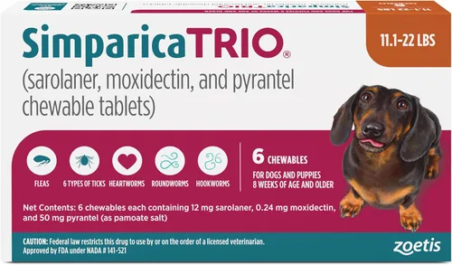 Vista 13 de Simparica Trio (sarolaner, moxidectina y tabletas masticables de pirantel) masticables para perros, 6 mg/tab, 5.6-11 libras, (púrpura), 1 tableta