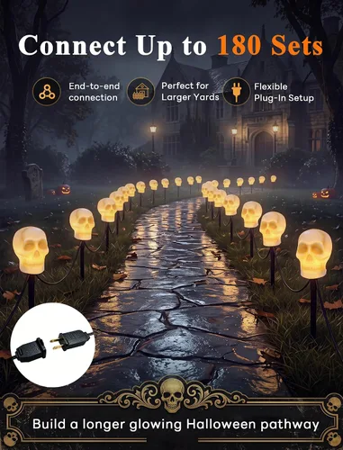 Vista 5 de Luces de estaca C7 de Halloween con calavera, 7 pies, cadena de luces de camino de Halloween con 4 bombillas C7, estaca, decoraciones de Halloween