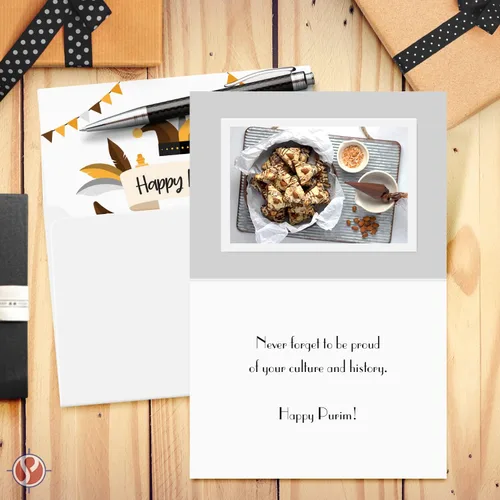 Vista 5 de 25 tarjetas de felicitación Happy Purim, máscara tradicional de símbolos de Purim, pergamino, invitaciones de felicitación religiosas judías