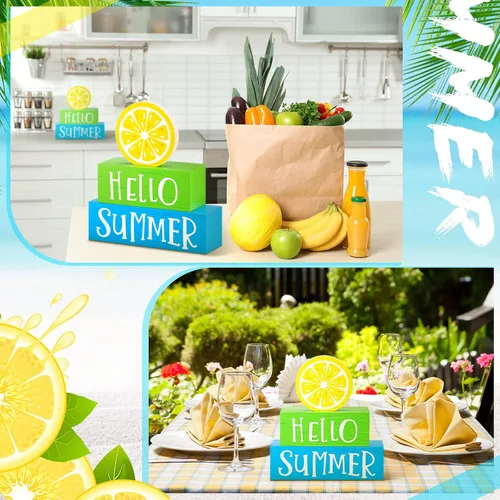Vista 4 de Yulejo Decoración de bloque de madera de verano de 3 piezas de Hello Summer Limón, decoración de bandeja rústica con bloques decorativos para casa