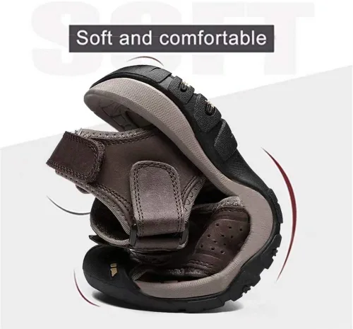 Vista 5 de VISIONREAST Sandalias de cuero para hombre, sandalias de senderismo al aire libre, impermeables, atléticas, zapatos de playa de pescador, sandalias