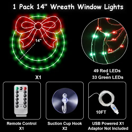 Vista 2 de CESOF Guirnalda de luces de ventana de Navidad, corona de Navidad iluminada de 14 pulgadas con lazo, temporizador de control remoto alimentado por