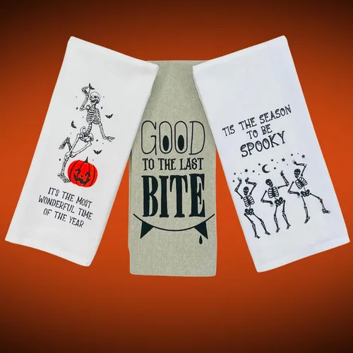 Vista 14 de Haunted - Juego de toallas de mano de cocina de Halloween: Jack O' Lantern Orange Terry Loop, lazo de rizo de punto blanco elevado, diseños