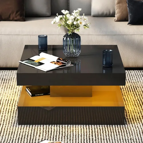 Vista 19 de HedoAjim Mesa de centro LED negra para sala de estar, mesa de sala de estar, mesas centrales cuadradas de 2 niveles, mesas de centro de madera