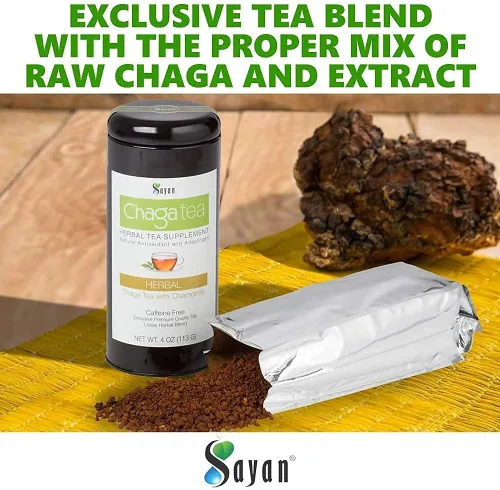 Vista 6 de Sayan Té suelto de hongos Chaga Siberianos con manzanilla, mezcla exclusiva de crudo y extracto, 4 onzas de cosechado silvestre y sin cafeína
