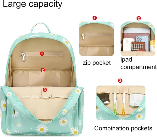 Vista 4 de LEDAOU Mini mochila para niñas, bonita mochila pequeña para mujeres, adolescentes, niños, escuela, viajes, bolso de hombro, Margarita blanca verde