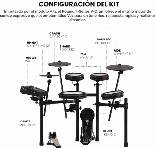 Vista 7 de Roland TD313 V-Drums Kit de batería electrónica Bundle con trono de batería, cable de audio, baquetas, bolsa para baquetas y paño de pulido