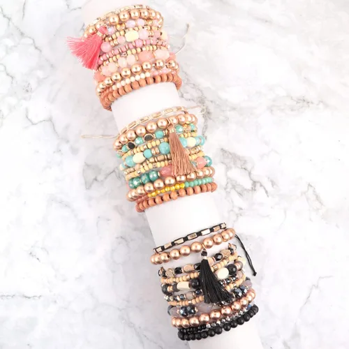 Vista 2 de RIAH FASHION Bohemian Multi-Layer Beaded Pendant Statement Stretch Strand Bracelet - Sparkly Bead Tassel Pom Pom Star Charm Stack Cuff Bangles