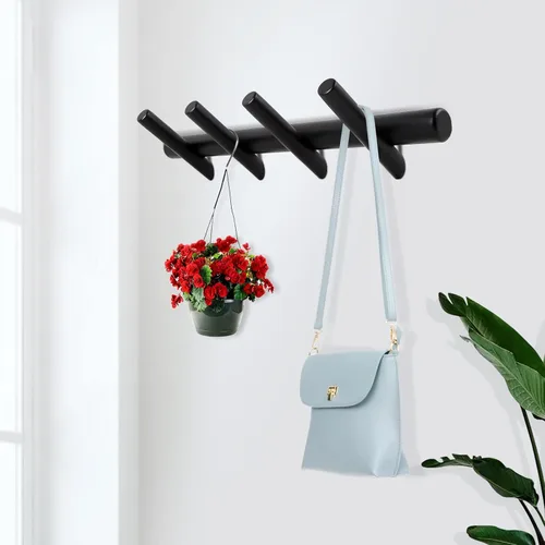 Vista 2 de KYSMOTIC Perchero de Pared Moderno de Madera - Montado en la Pared - Negro con 4 Ganchos de Madera - Para Colgar Ropa, Batas, Toallas, Sombreros