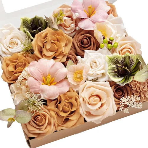 Vista 11 de Ling's moment Caja de Flores Falsas, Tallos de Vegetación Artificial Falsa Rosas de Espuma Dalia Hortensia de Seda Peonía Flor de Tela para Centros
