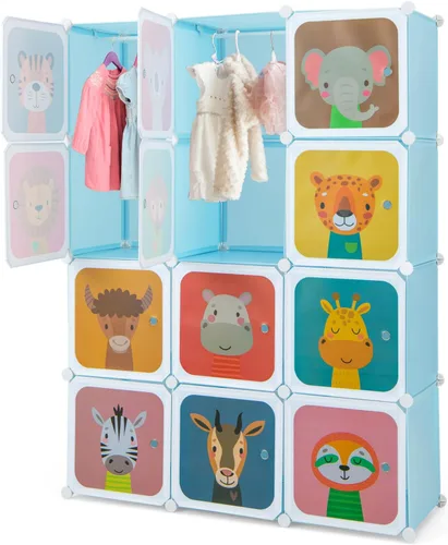 Vista 14 de HONEY JOY Armario para niños, organizador de almacenamiento de ropa de dibujos animados para bebés, 8 cubos y 2 secciones para colgar, armario Azul