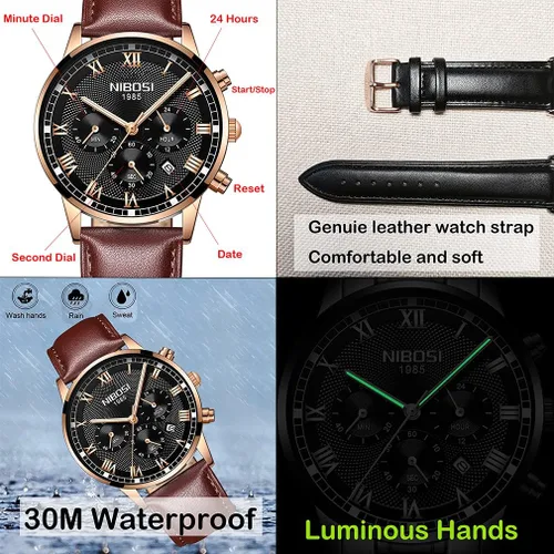 Vista 4 de NIBOSI Watches for Men Casual Fashion Brown Leather Band Chronograph Waterproof Business Analog Quartz Dress Big Face Large Luminous Sports Wrist