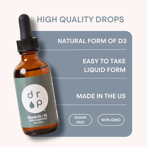 Vista 6 de Drop Vitamina D3 + K2 gotas líquidas, 1000 UI Vegan D3 de liquen, 45 mcg K2 (MK-4 y MK-7), con aceite de coco MCT orgánico, apoyo óseo e