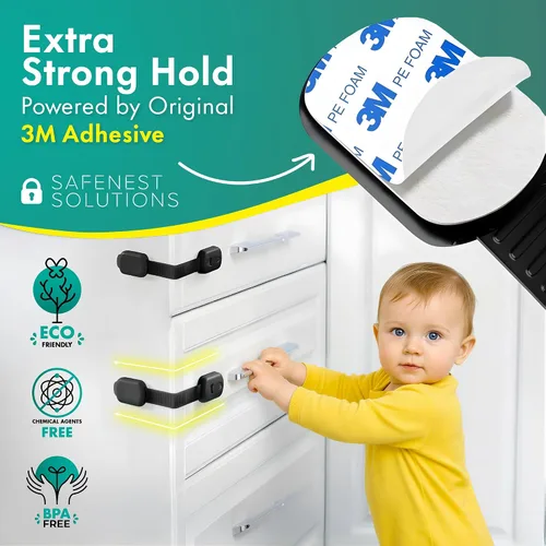 Vista 7 de SAFENEST - Cerraduras de gabinete a prueba de niños (paquete de 5 unidades, color negro) Adhesivo 3M para armarios y cajones, refrigerador