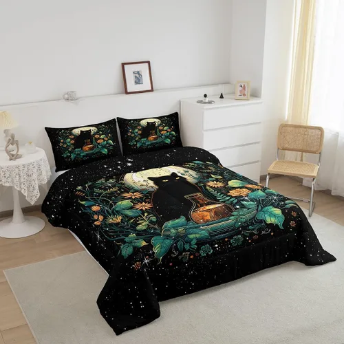 Vista 5 de Castle Fairy Juego de edredón con diseño de gato lindo para niños, tamaño twin, juego de ropa de cama con hojas de flores, luna, noche y cielo