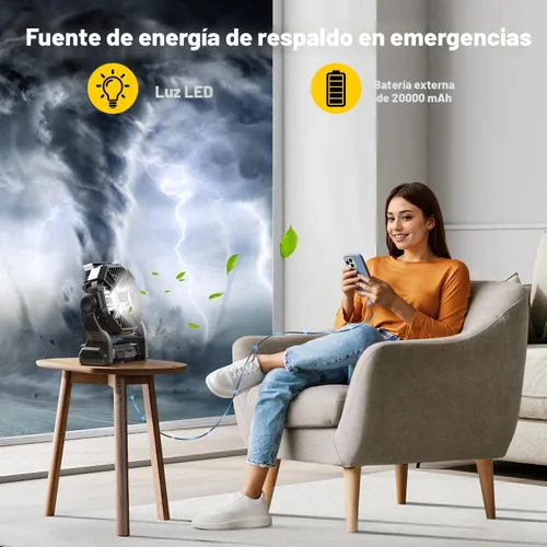 Vista 4 de Ventilador Solar de 20000mAh con Farol LED, Panel Solar Recargable de 10W, Ventilador de Camping Alimentado por Batería para Exteriores, de 9