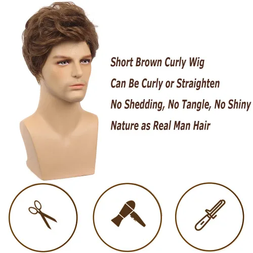 Vista 4 de Kaneles Peluca corta para hombre, pelo natural, sintético, peluca completa (marrón)