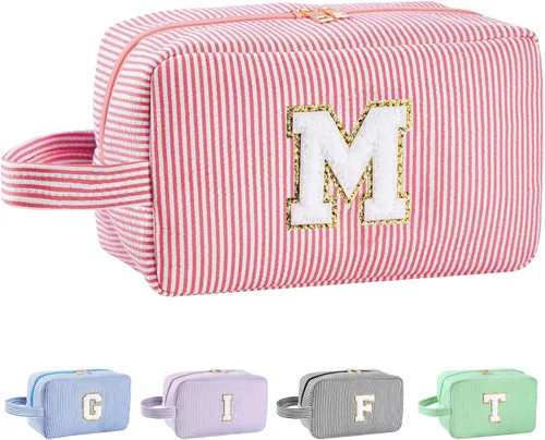 Vista 180 de Bolsa de maquillaje personalizada con inicial A-Z para mujeres, niñas y niños, bolsa de aseo de viaje, bolsa de maquillaje preparada, bolsa