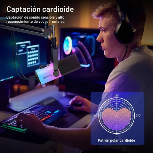 Vista 6 de FDUCE Juego de micrófono dinámico para juegos, micrófono de computadora USB/XLR para podcast con soporte de brazo extensible, luz RGB, botón